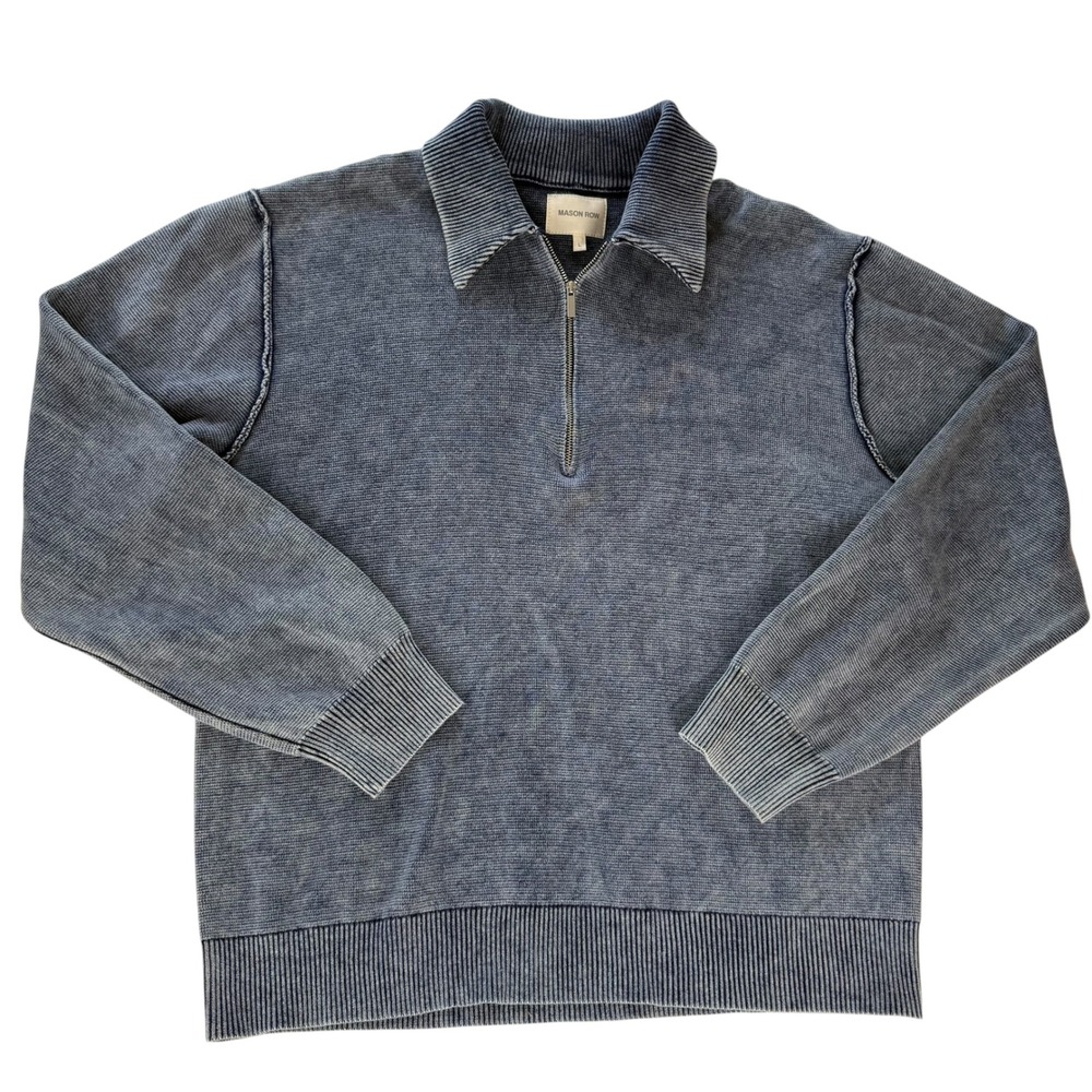Mason Row Mens Blue Mineral Wash 100% Cotton Quarter Zip Ribbed Sweater Large